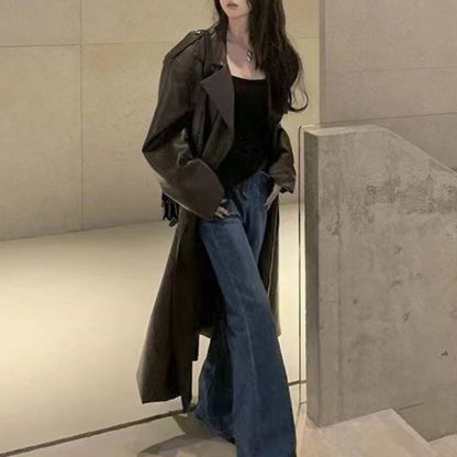 Heavy Industry Leather Coat Mid-length Design Windbreaker Coat