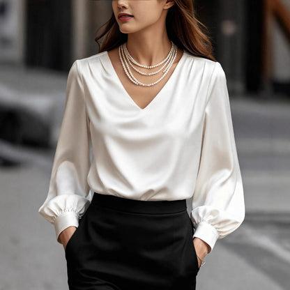 French-style Elegant And Sophisticated Satin Long-sleeve Blouse With Bubble Sleeves And A V-neck
