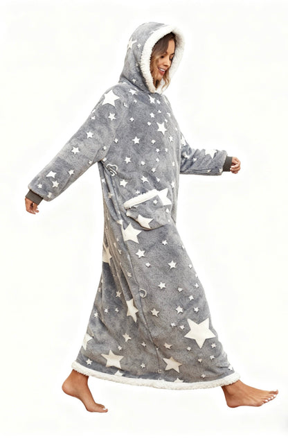 Oversized Wearable Hooded Blanket With Print Glow In The Dark Long Size Sherpa Warm Sweatshirt For Women