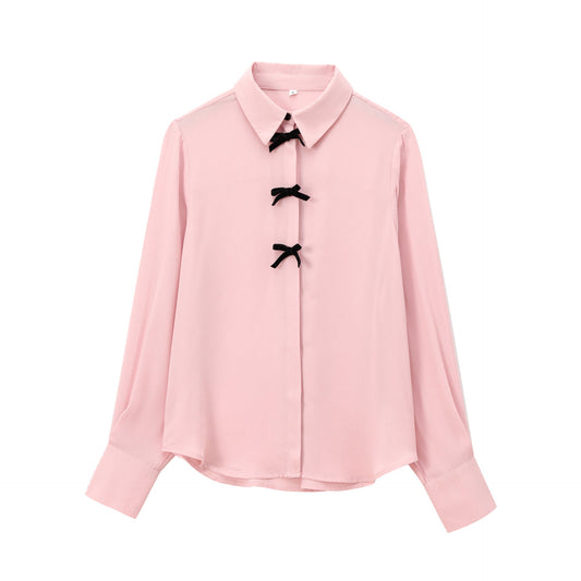 Autumn Beauty Outfit Velvet Bow Decorated Shirt