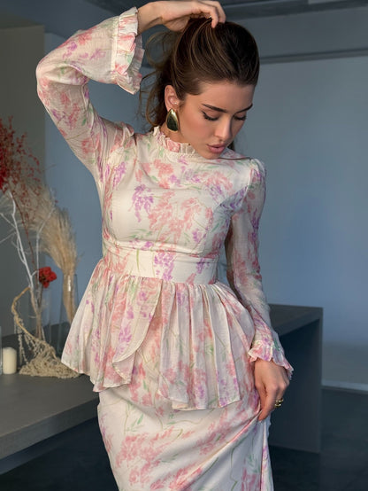 Floral Print Ruffle Top & High Waist Fishtail Skirt Set