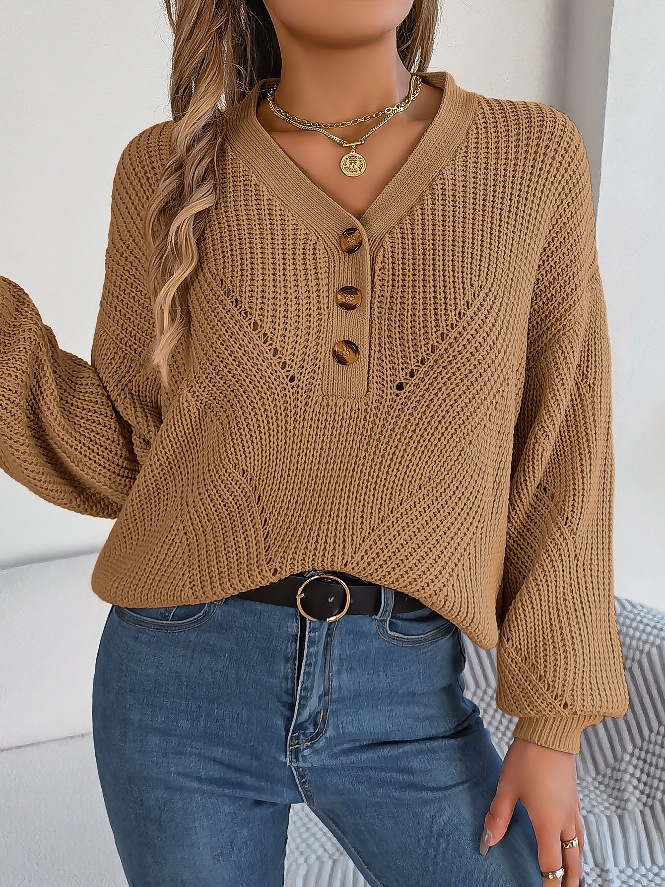 Women Hollow Out V-Neck Button Lantern Sleeve Pullover Sweater