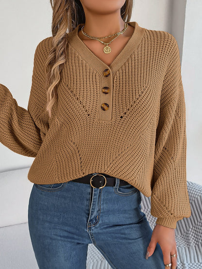 Women Hollow Out V-Neck Button Lantern Sleeve Pullover Sweater