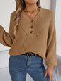 Women Hollow Out V-Neck Button Lantern Sleeve Pullover Sweater