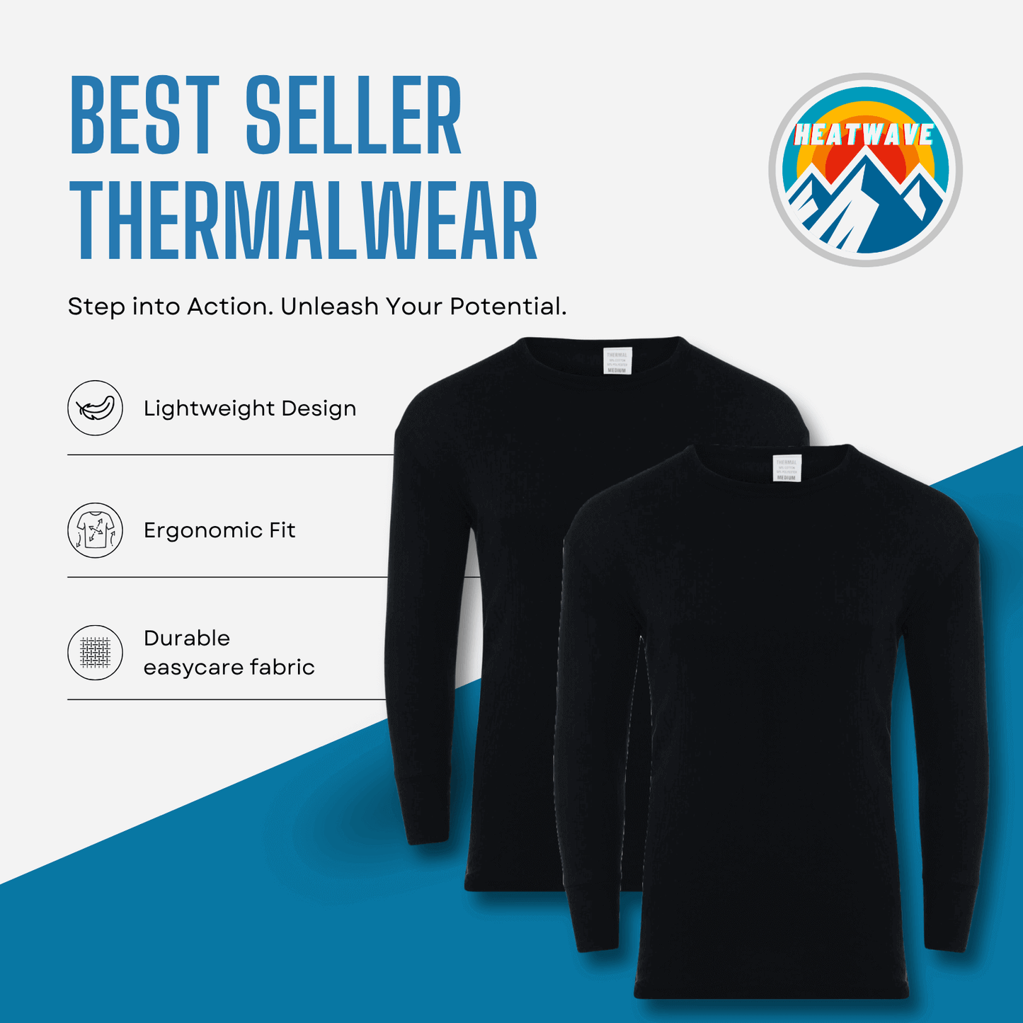 2 Pack Mens Thermal Underwear Set T Shirt Tops and Long John Bottoms Warm Baselayer Insulated Brushed Yarn for Winter Outdoor Sports in Small to XXL White Black Grey Navy by Heatwave Thermalwear