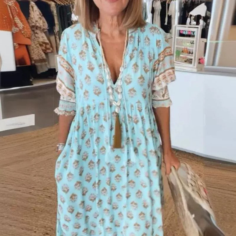 V-neck Lantern Sleeve Dress
