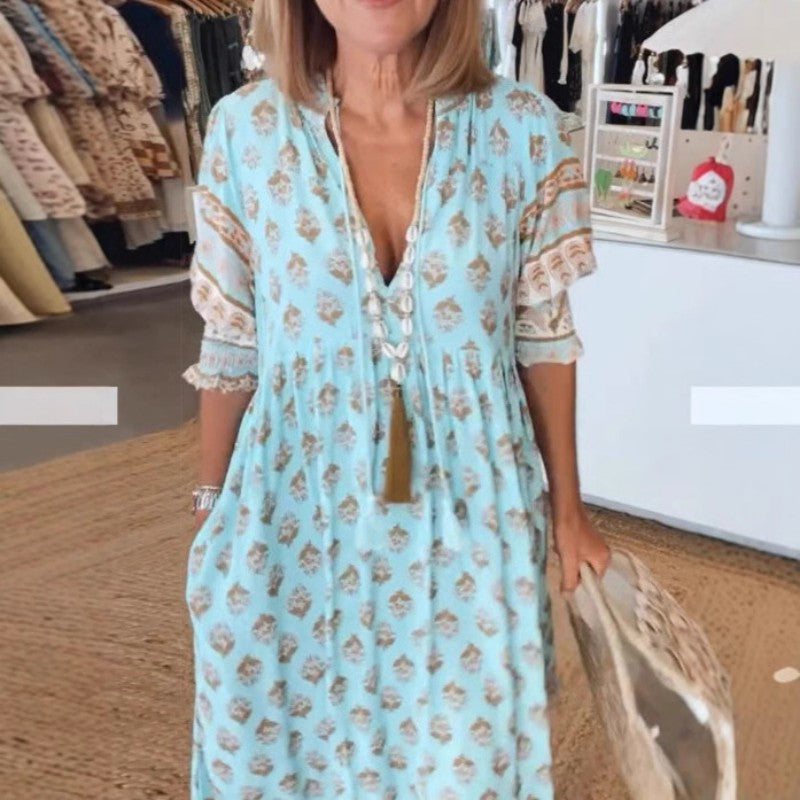 V-neck Lantern Sleeve Dress