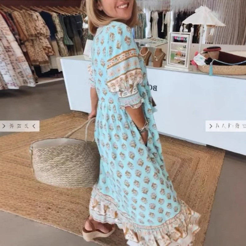 V-neck Lantern Sleeve Dress