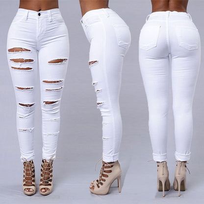Women's High Waist Ripped Jeans - Distressed Skinny Denim Trousers | Casual Stretch Pencil Pants