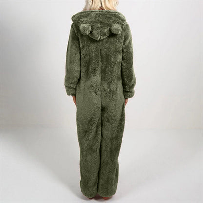European And American Autumn Winter Women's Wear Fleece-lined Thick Furry Jumpsuit Hooded Cat Ear Pajamas
