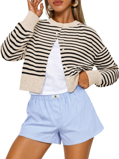 Buttoned Long-sleeve Crew-neck Solid-color Cropped Knit Sweater