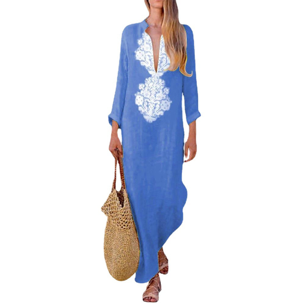 V-neck Loose-fit Cotton-linen Women's Dress