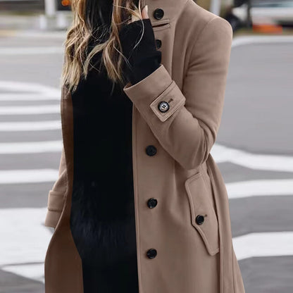 Women's Luxury Woolen Coat - Slim Fit Stand Collar Cardigan | Premium Winter Outerwear