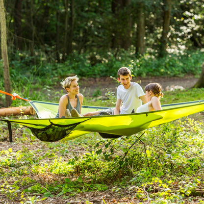 Multi-Person Hammock Three Point Design Portable Hammock Multi-functional Triangle Aerial Mat in use by three friends outdoors.