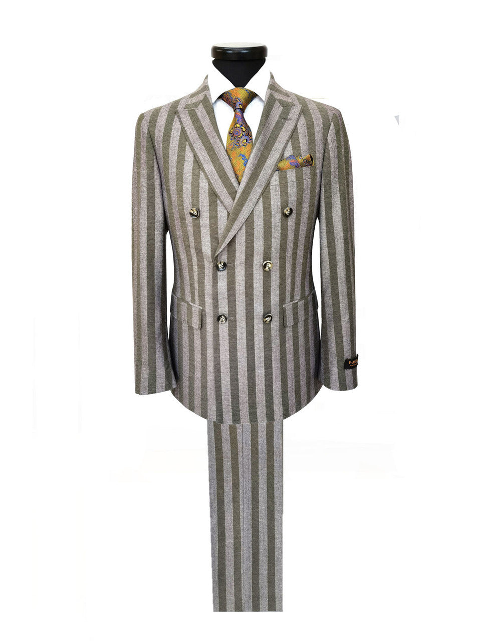Brown Khaki Bold Stripe Double Breasted Suit