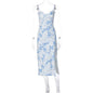Lace Flowers Print Long Dress Sexy Fashion Slit Suspender Dress Summer Womens Clothing