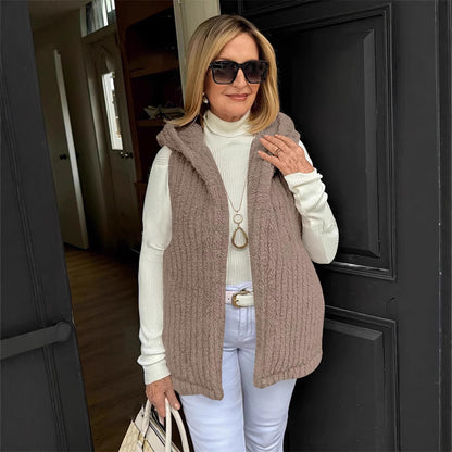 Women's Solid-Color Casual Fuzzy Hooded Vest Sleeveless Jacket