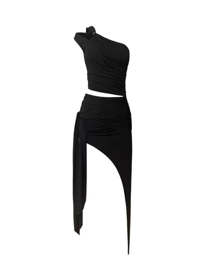 Oblique Shoulder Hollow Irregular Pleated Top Diagonal Strap Skirt Suit