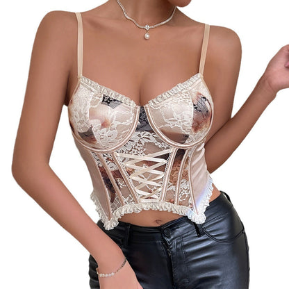 Lace Satin Corset Camisole – Printed Fishbone Top with Cross-Rope Detail