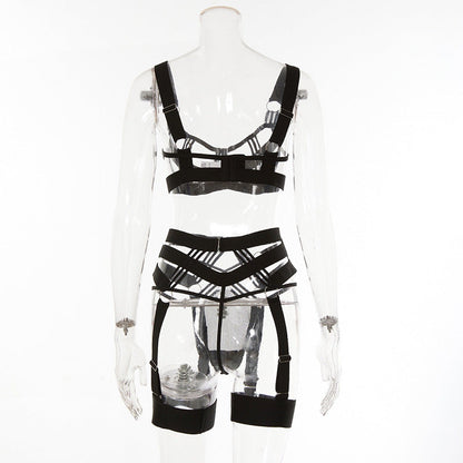 Black Hollowed-out Lingerie Set With Straps For Women