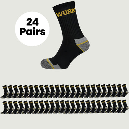 24 Pairs Mens Heavy Duty Work Socks Cushion Sole Reinforced Toe Heel Durable Black Boot Sock for Construction Outdoor Jobs Walking Sizes UK 6-11 EUR 39-45 by Sock Stack