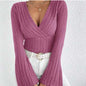 Women's Autumn And Winter Rib Sunken Stripe V-neck Flared Slim-fit Long Sleeve T-shirt Elegant Women's Top