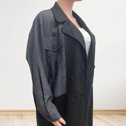 Women's Suit Collar Denim Stitching Mid-length Coat
