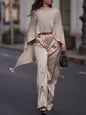 Solid Color Satin Shawl Top & High Waist Pants Set