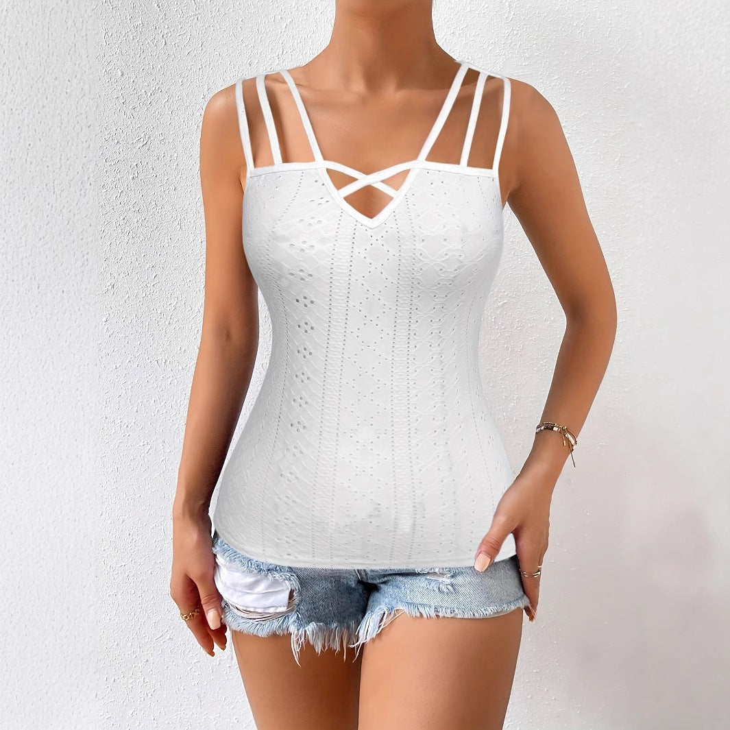 Summer Sleeveless Women's Solid Color Jacquard Camisole Pullover With Hollowed Out Top