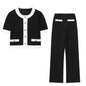 Contrast Color Beaded Leather Round Neck Top Stretch High-waisted Trousers Suit