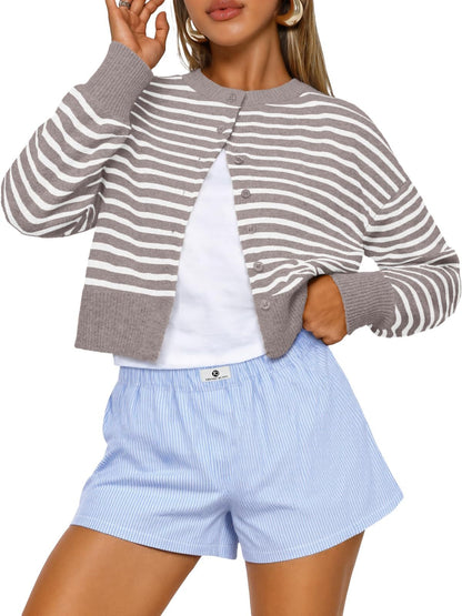 Buttoned Long-sleeve Crew-neck Solid-color Cropped Knit Sweater