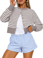 Buttoned Long-sleeve Crew-neck Solid-color Cropped Knit Sweater
