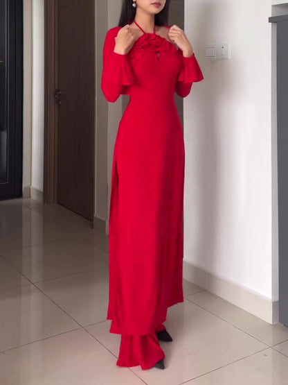 Three-piece Red Ruffled Halterneck Pants Suit
