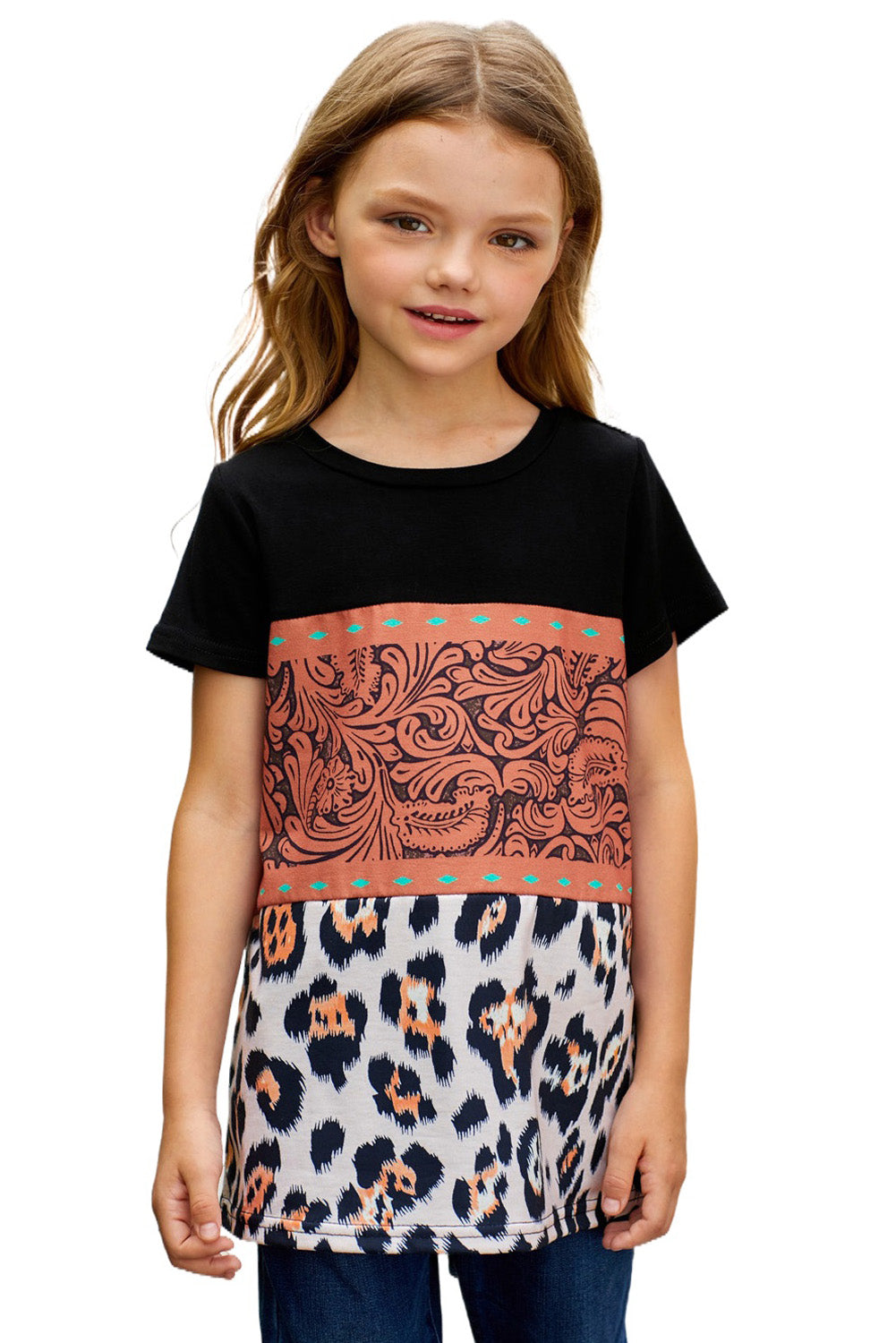 Brown Print Leopard Colorblock Girls' T-shirt