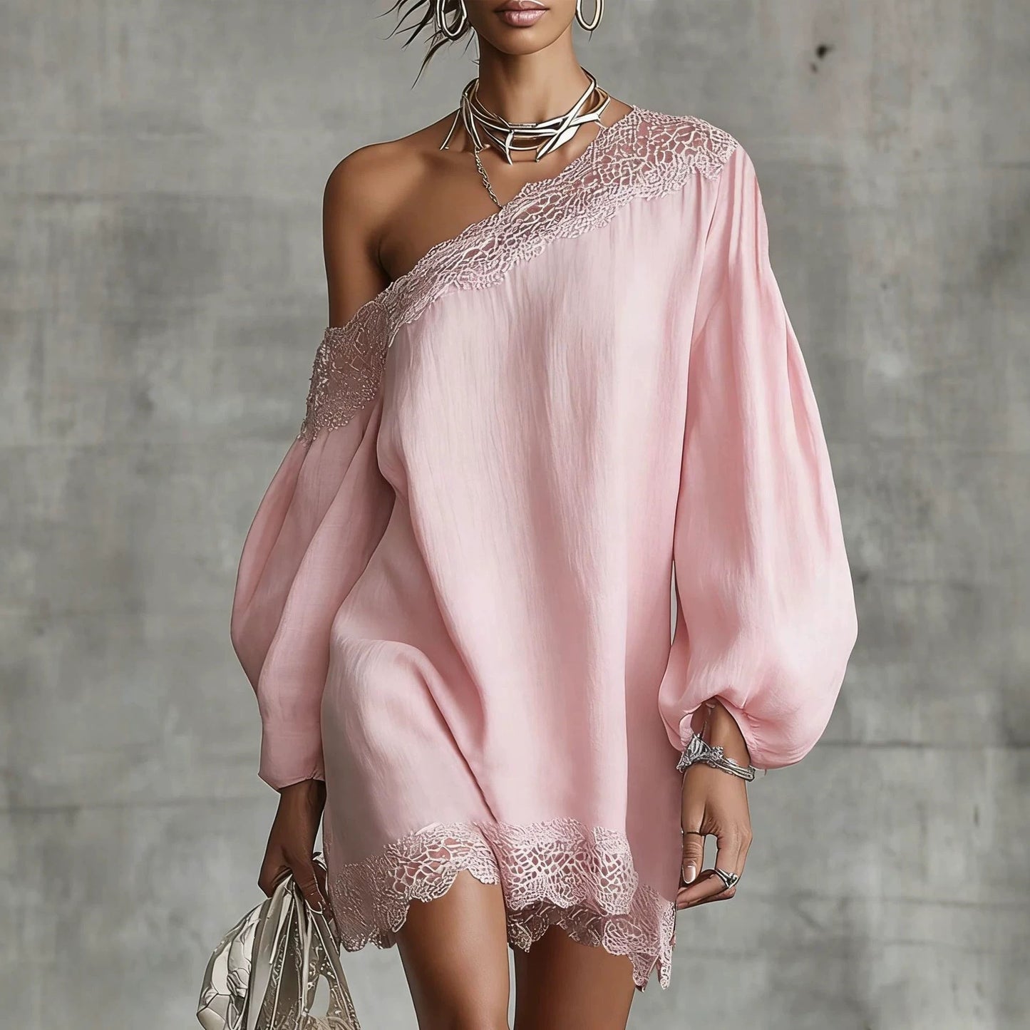 Solid-color Lace-trimmed Casual Off-shoulder Long-sleeve Top