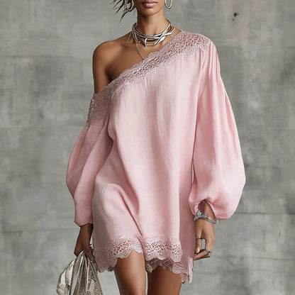 Solid-color Lace-trimmed Casual Off-shoulder Long-sleeve Top