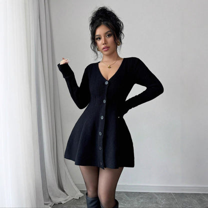 Women's Solid-Color V-Neck Knitted Dress