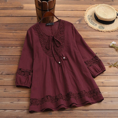 Cotton And Linen Stitching Lace 34 Sleeve Loose Women's Top T-shirt