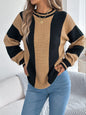 Women Casual Color Block Stripe Lantern Sleeve Pullover Sweater
