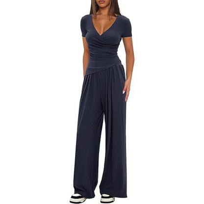 2 Pieces Women's V Neck Short-sleeve Sportswear Top And Wide-leg Pants Set Casual Comfortable Outfit Set For Daily Wear Gym Sports Outfit