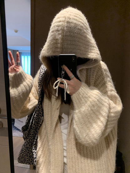 Retro Maillard Hooded Sweater Cardigan For Women
