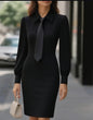 Autumn Fashion Temperament Pure Color Waist Tie Long Sleeve Dress For Women