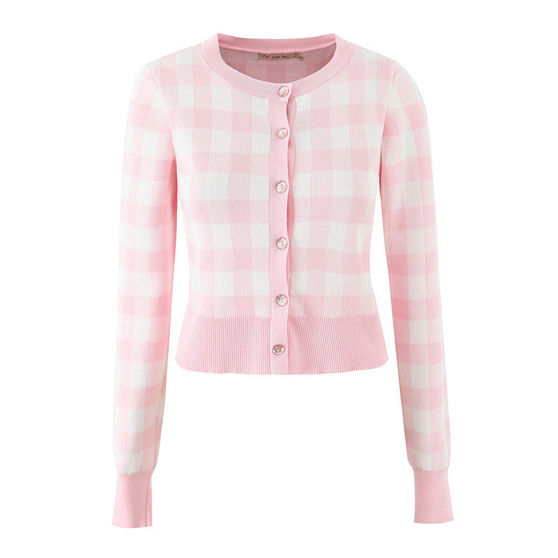 Women's Round Neck Plaid Knitted Cardigan Short Slim-fit Small Coat