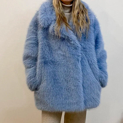 Women's Autumn Winter Warm Notched Collar Mid-Length Fur Coat