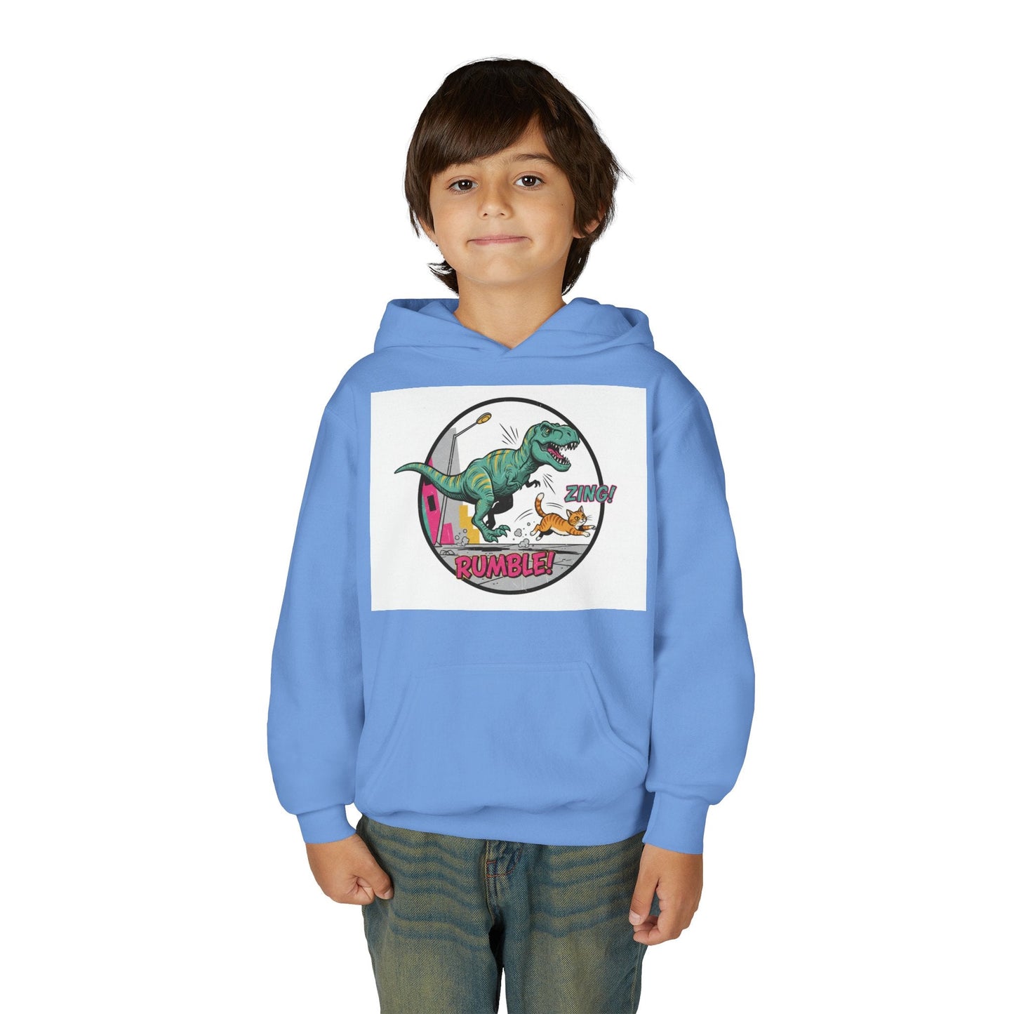 T-Rex Chase Dino Rumble Youth Hoodie | Dinosaur Graphic Sweatshirt