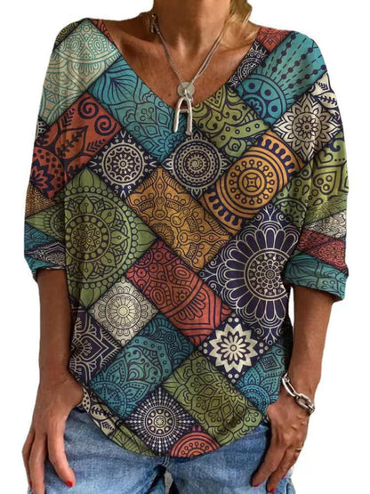 Womens Loose-fitting Geometric-print V-neck Long-sleeve Top