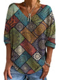 Womens Loose-fitting Geometric-print V-neck Long-sleeve Top