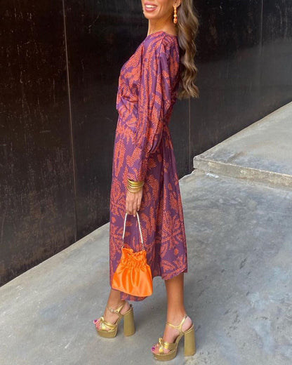 Sophia | Vintage Printed V-Neck Long-sleeve Elegant Dress
