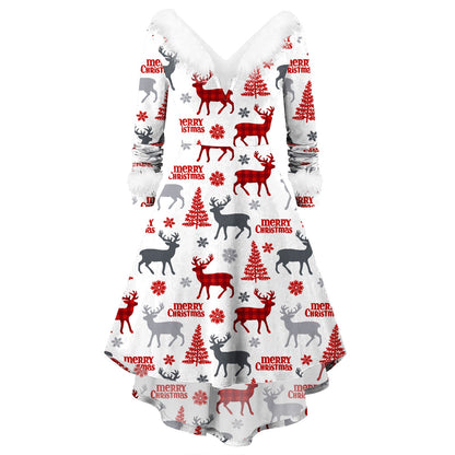 Women's Christmas Long Sleeve V-neck Irregular Dress