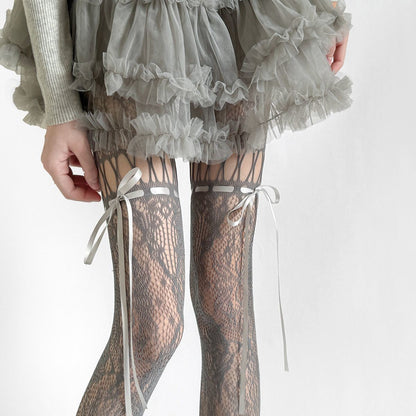 Dark Night Black Ribbon Bow Fishnet Japanese Hollow-out Pantyhose